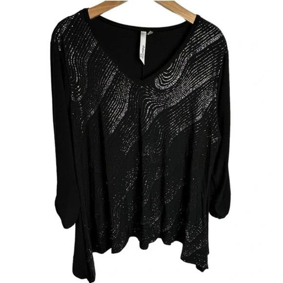 NY Collection PXL black glittery asymmetrical hem‎ V-neck top - Picture 1 of 6